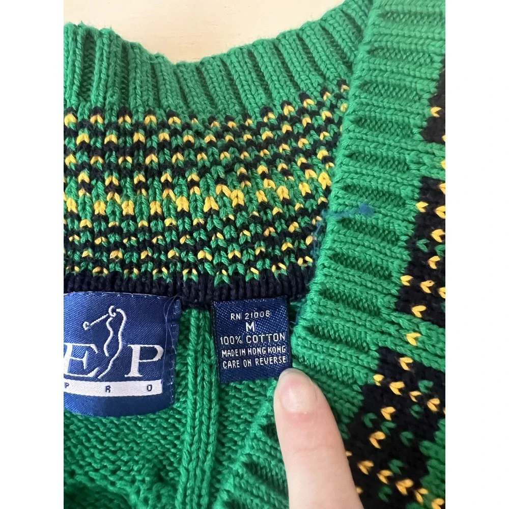 EP Pro Mens Green Cable Knit V-Neck Golf Sweater Plaid Trim Vintage‎ Size M